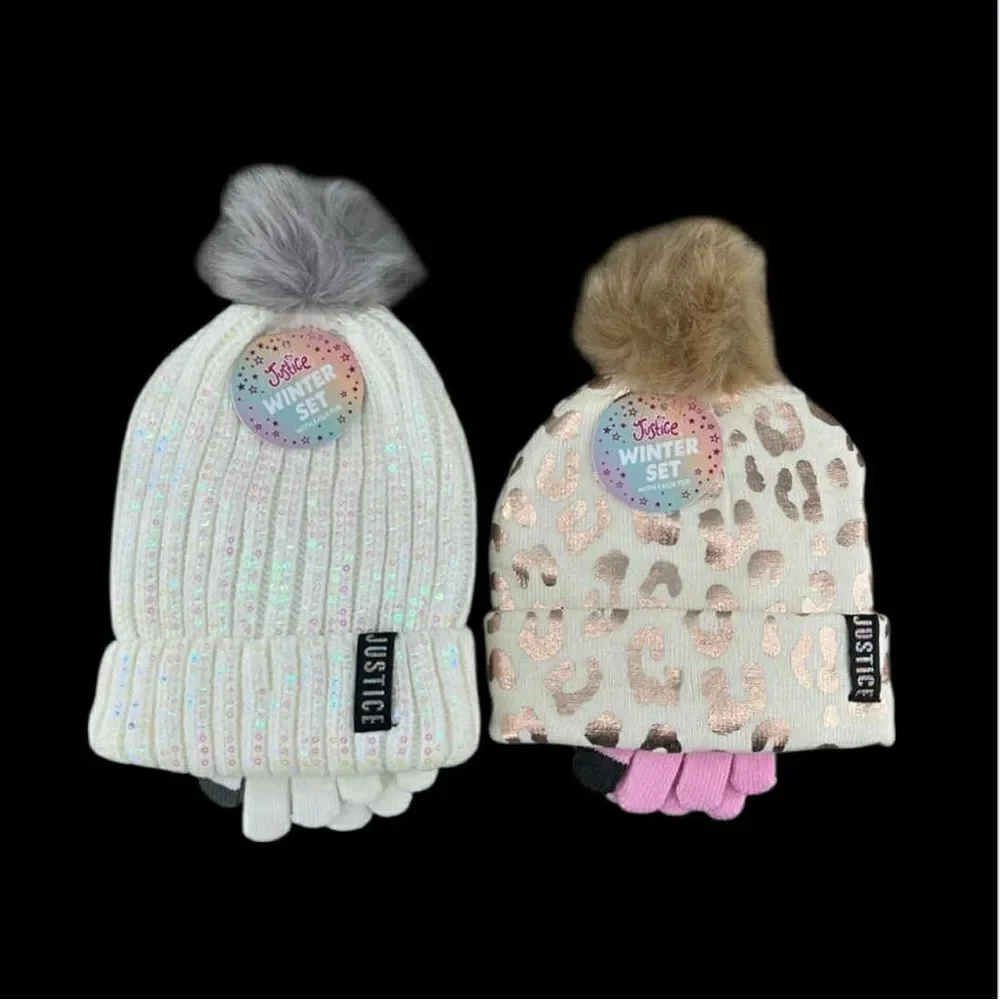 Girls Justice Ribbed & Full Print Winter Cozy Beanie and Gloves 2, 2-Piece Set